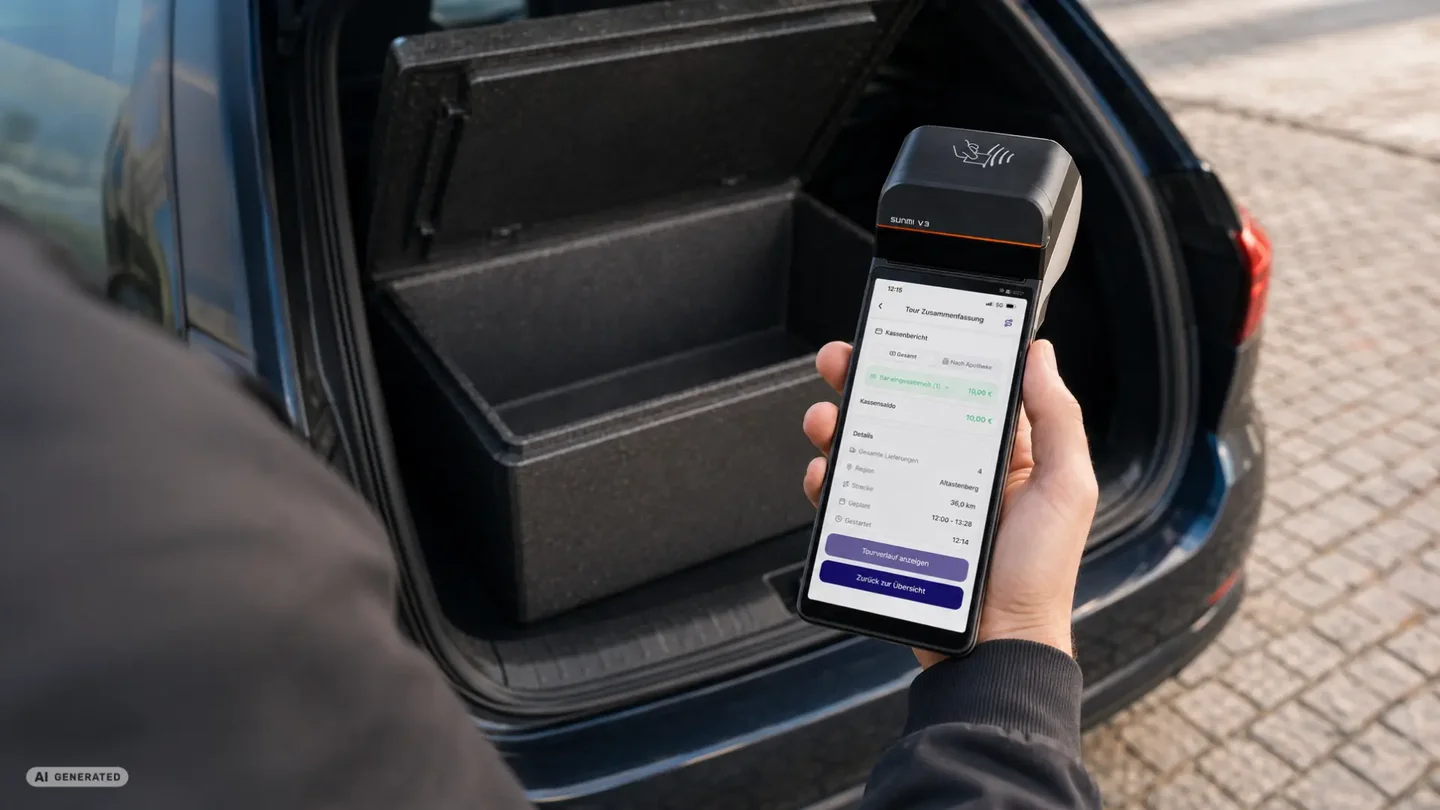 Apotheken-Bote hält am offenen Kofferraum das apomap Terminal mit der Tour-Zusammenfassung in der Hand