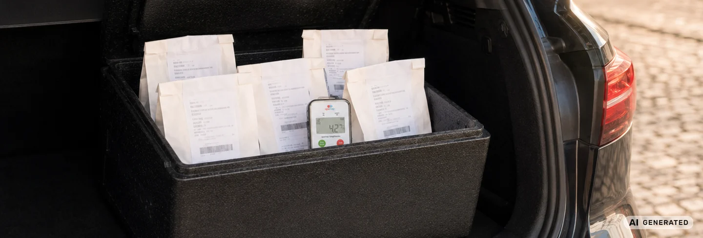 Geöffnete schwarze Thermobox im Kofferraum, gefüllt mit neutralen Apothekentüten und einem apomap TempTracker