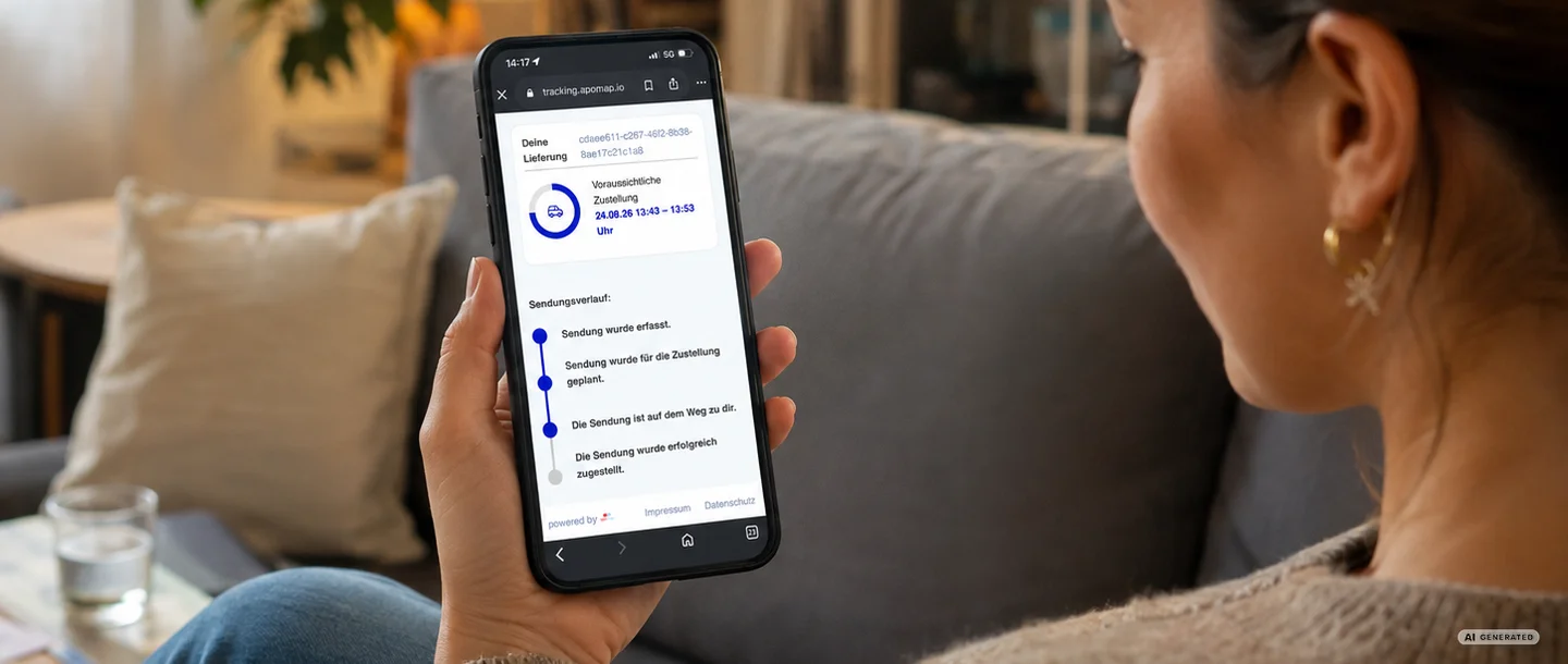 Kundin sitzt auf dem Sofa und verfolgt auf ihrem Smartphone die Sendungsverfolgung ihrer Apothekenlieferung