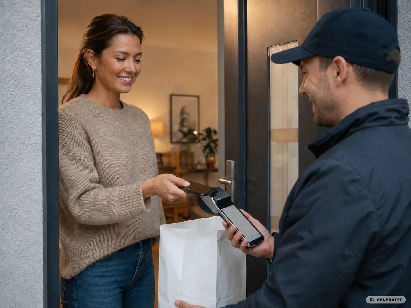 Botendienst übergibt an der Haustür eine neutrale Apothekentüte, Kundin zahlt kontaktlos mit dem Handy am apomap Terminal