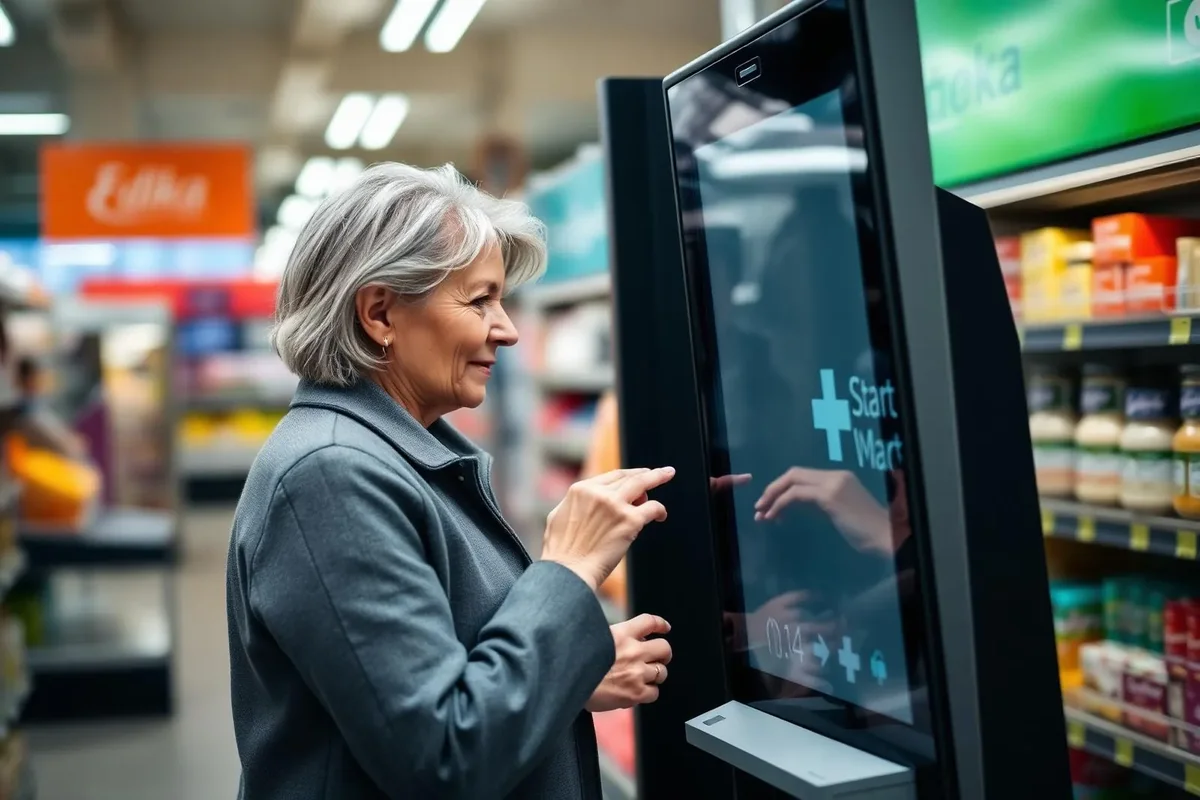 Kundin bedient ein Apotheken-Terminal im Supermarkt